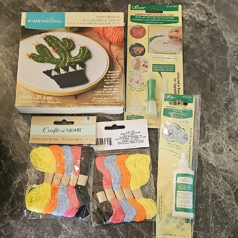 Cactus Punch Needle Kit & Clover Embroidery Stitching Tool Bundle NEW